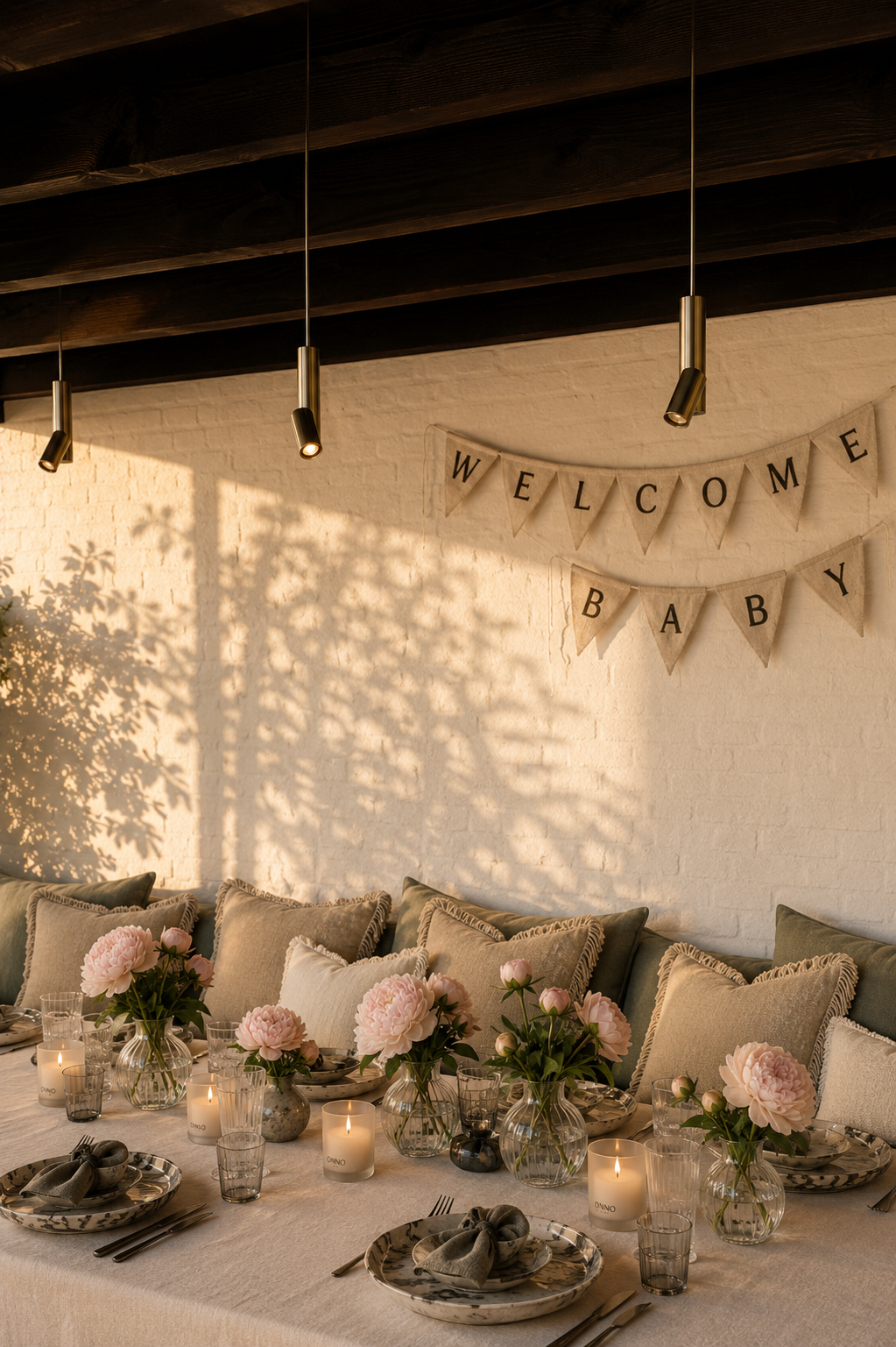 Gedekte babyshower tafel met Welcome Baby slinger, pioenrozen, kaarsen en kussens in warme tinten