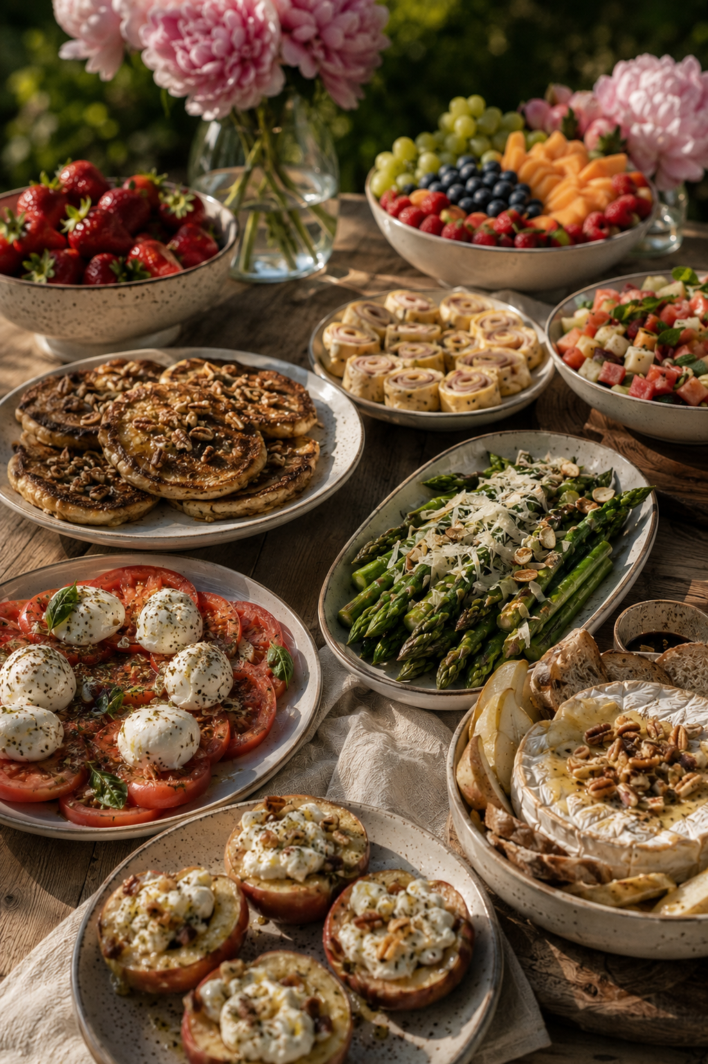 Brunchbuffet met tomaat burrata, groene asperges met parmezaan, omeletrolletjes, bananenkoekjes, camembert uit de oven, fruitsalade en vers fruit