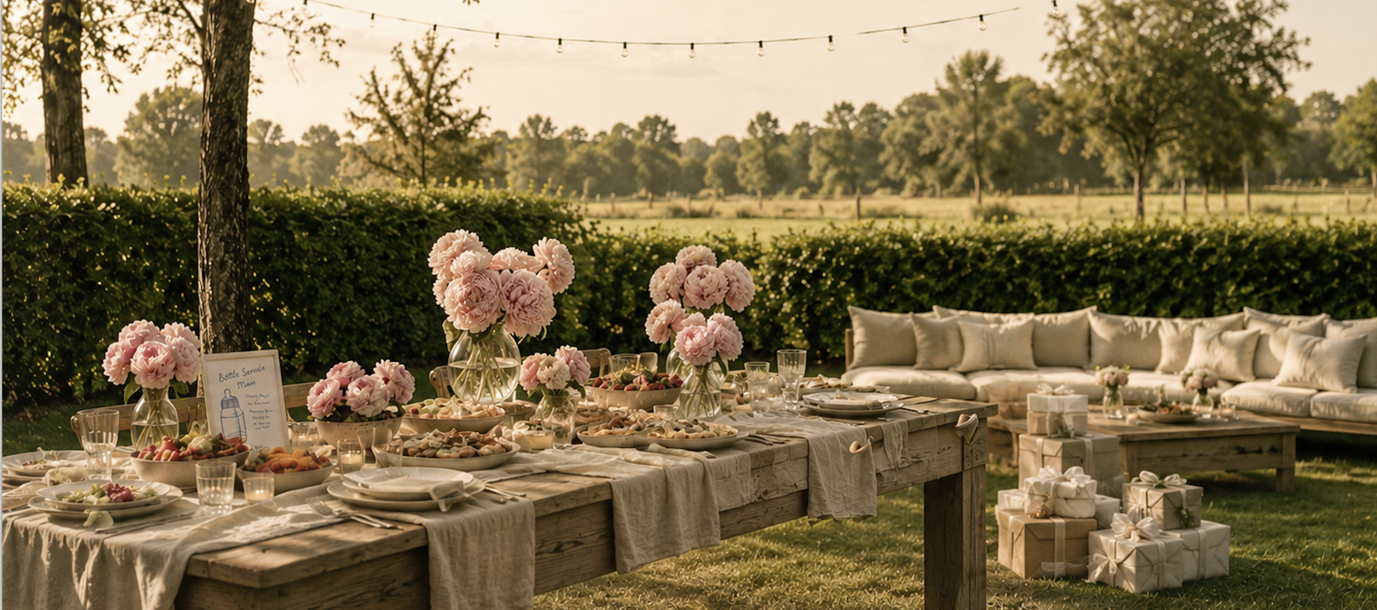 Gedekte babyshower buitentafel met pioenrozen, lichtslingers, cadeautjes en loungebank in een groene tuin bij zonsondergang