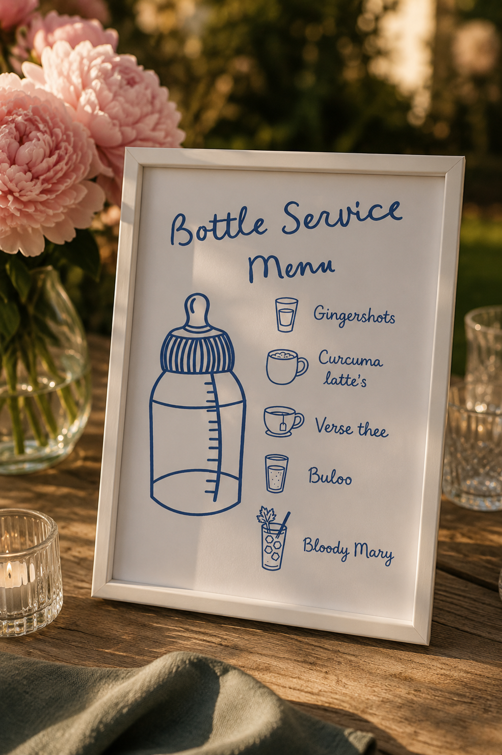 Bottle Service Menu bordje met tekening van babyfles en drankjes: gingershots, curcuma latte's, verse thee, Buloo en Bloody Mary
