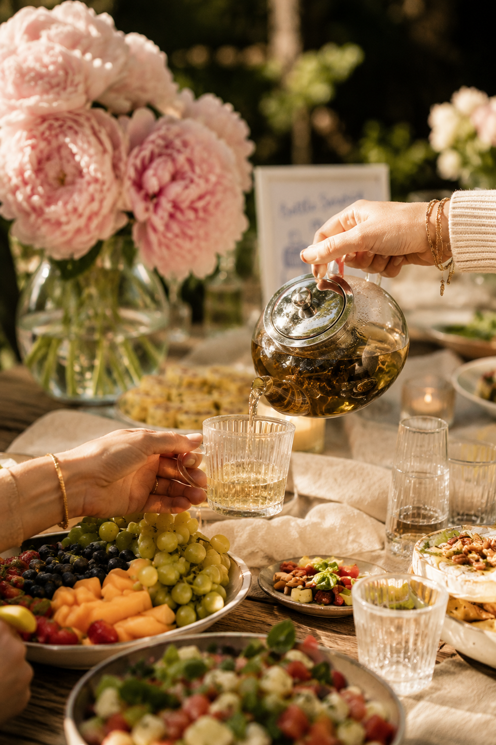 Verse thee wordt ingeschonken uit een glazen theepot, met fruitsalade, druiven en pioenrozen op de achtergrond