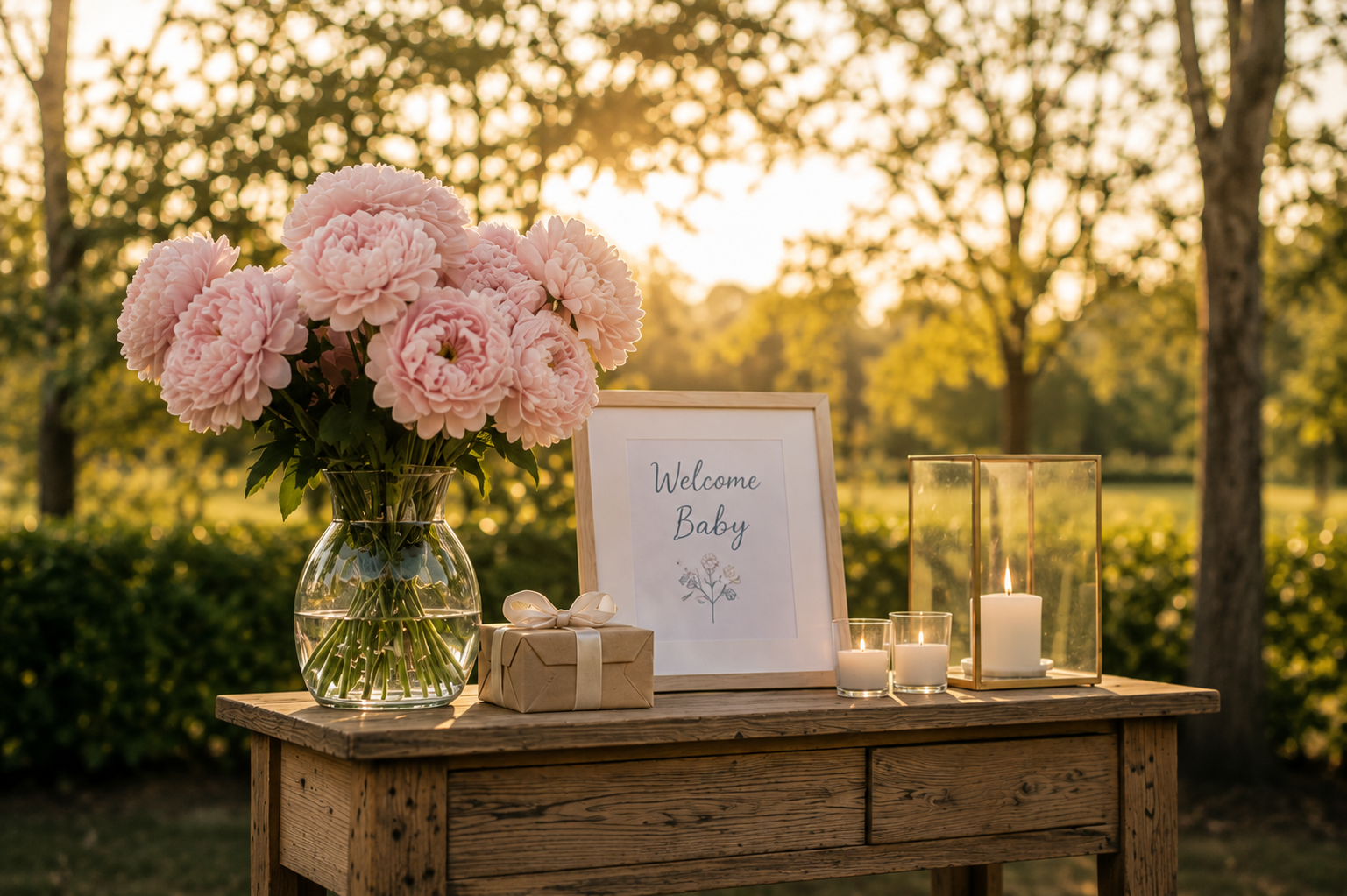 Welcome Baby bordje met bloementekening, vaas pioenrozen, cadeautje en kaarsen op een houten tafeltje bij zonsondergang